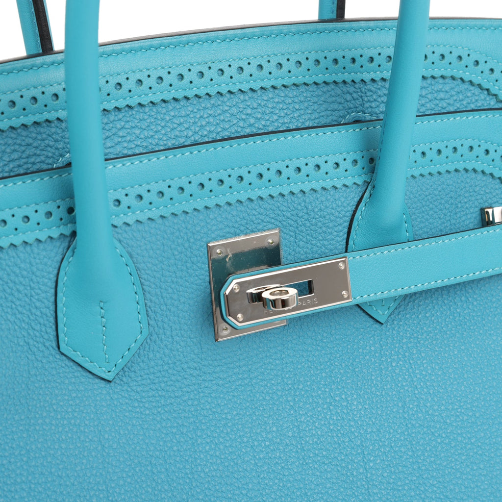 Pre-owned Hermes Birkin 35 Ghillies Turquoise Togo and Swift Palladium Hardware - Image 8