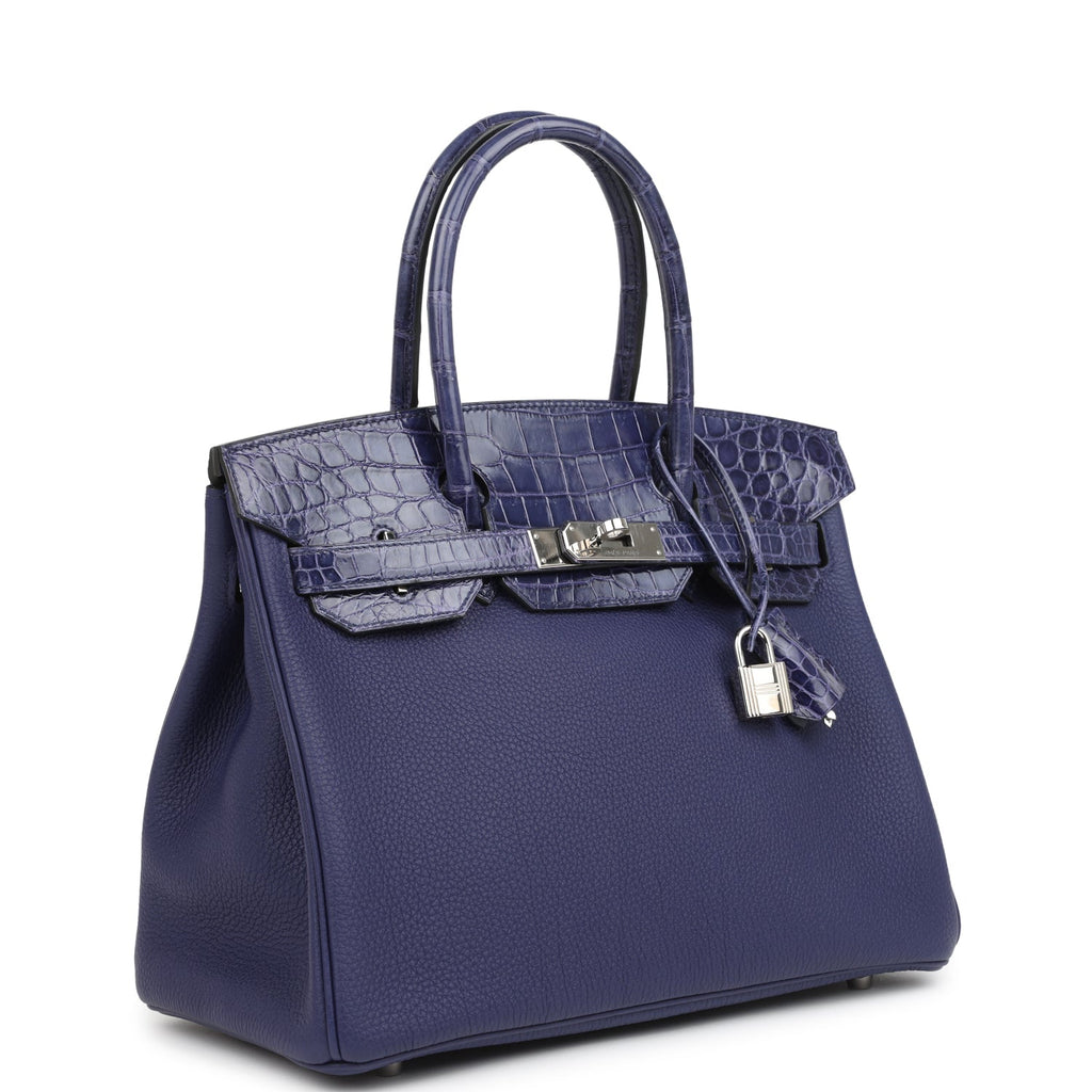 Pre-owned Hermes Birkin 30 Bleu Encre Togo and Shiny Niloticus Crocodile Touch Palladium Hardware - Image 3