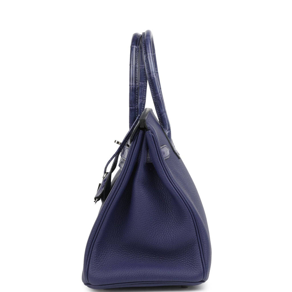 Pre-owned Hermes Birkin 30 Bleu Encre Togo and Shiny Niloticus Crocodile Touch Palladium Hardware - Image 4
