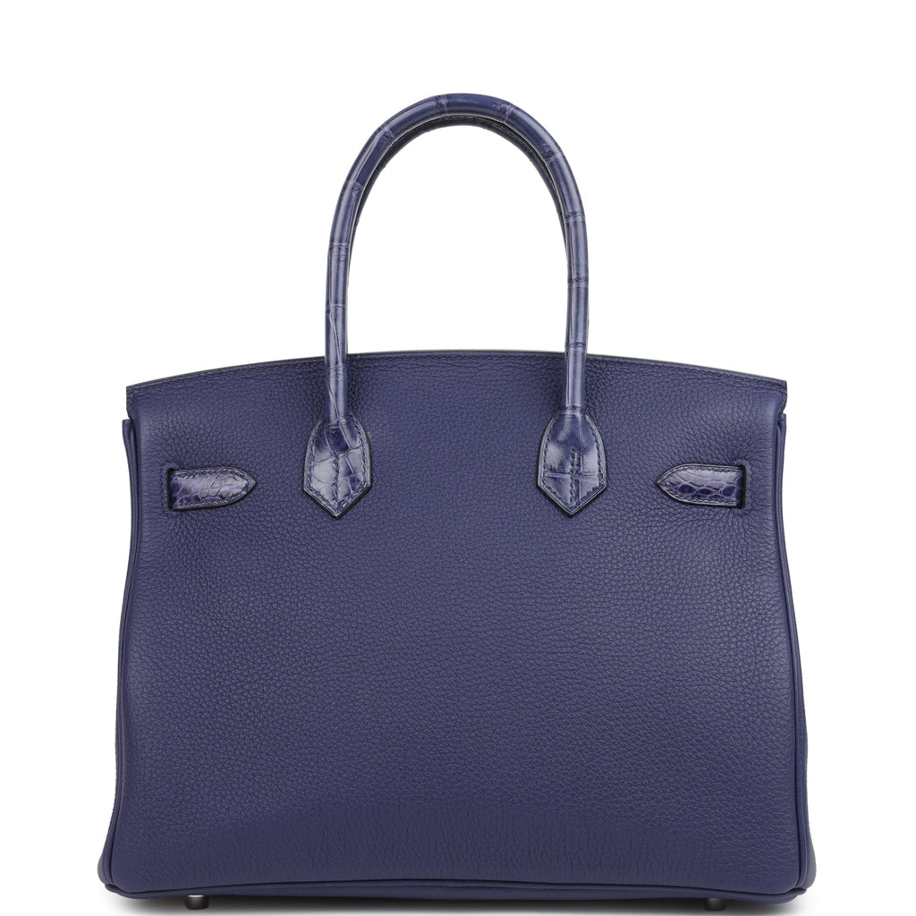 Pre-owned Hermes Birkin 30 Bleu Encre Togo and Shiny Niloticus Crocodile Touch Palladium Hardware - Image 5