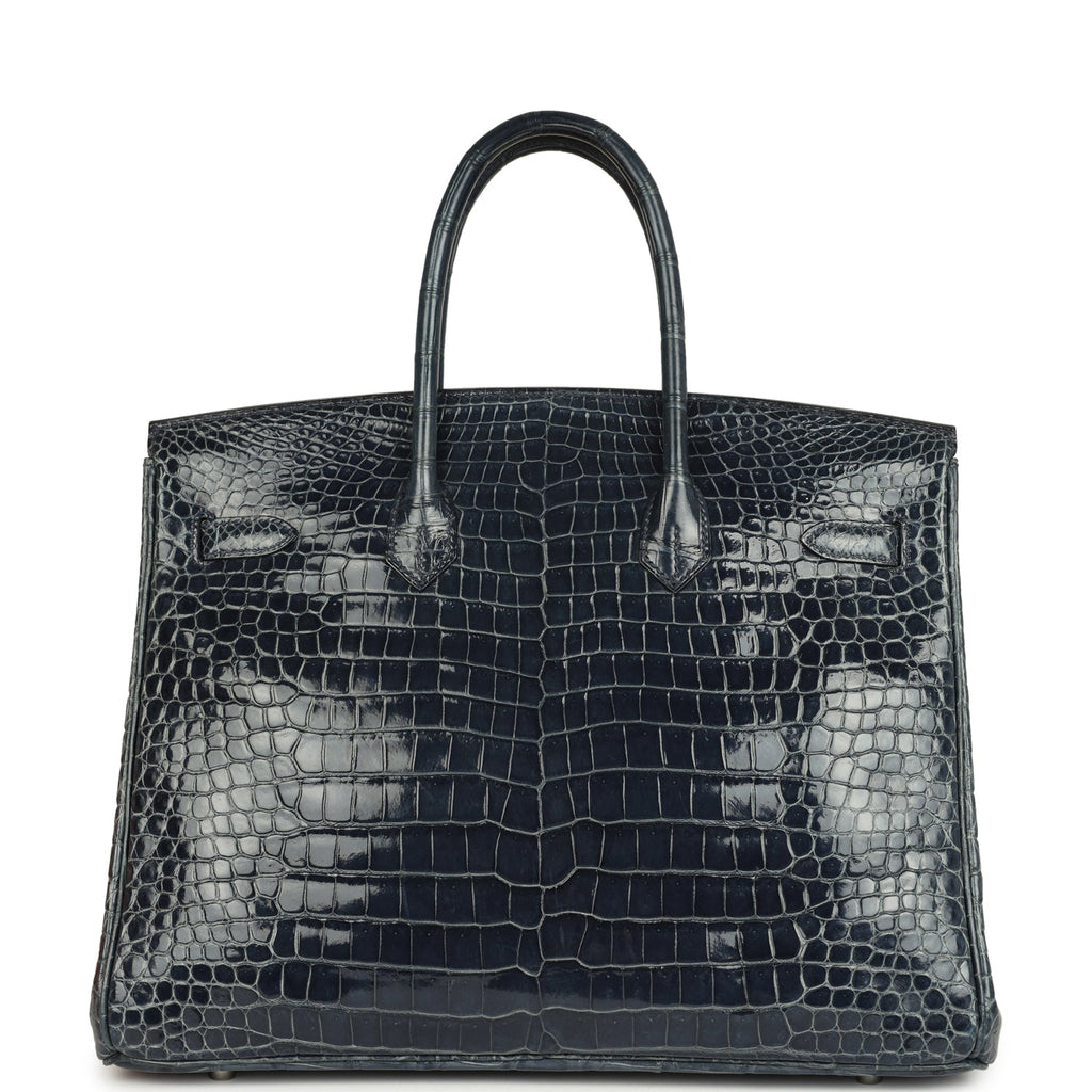 Pre-owned Hermes Birkin 35 Bleu Abysse Shiny Porosus Crocodile Palladium Hardware - Image 5