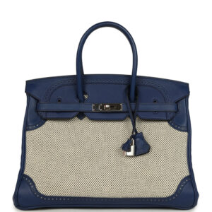 Pre-owned Hermes Birkin 35 Ghillies Bleu Saphir Swift and Ecru Toile Palladium Hardware