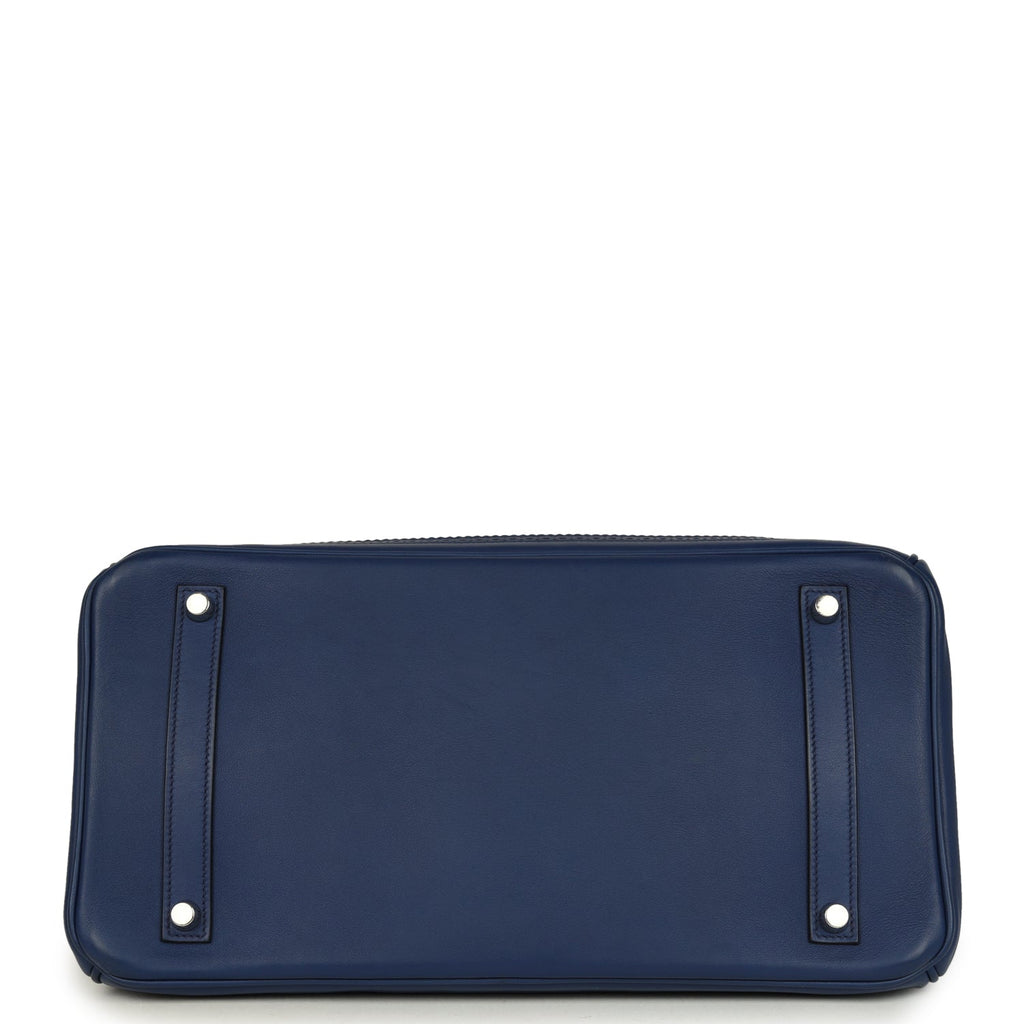 Pre-owned Hermes Birkin 35 Ghillies Bleu Saphir Swift and Ecru Toile Palladium Hardware - Image 7