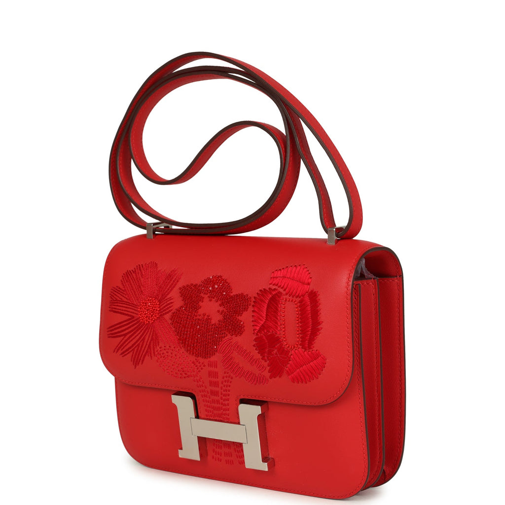 Hermes Constance 18 "Dancing Flowers" Rouge De Coeur Embroidered Swift Palladium Hardware - Image 6