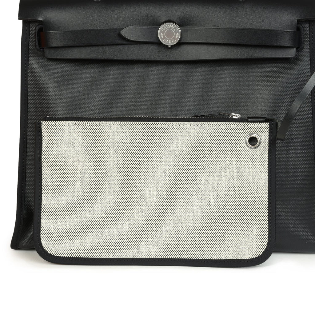 Hermes Herbag Zip PM 31 Black and Ecru Toile H Berline and Black Vache Hunter Palladium Hardware - Image 11