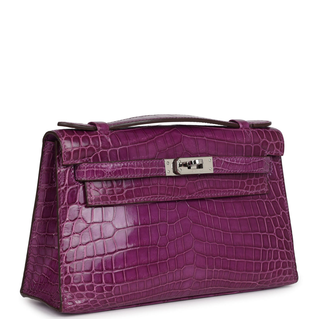Pre-owned Hermes Kelly Pochette Violet Shiny Niloticus Crocodile Palladium Hardware - Image 3