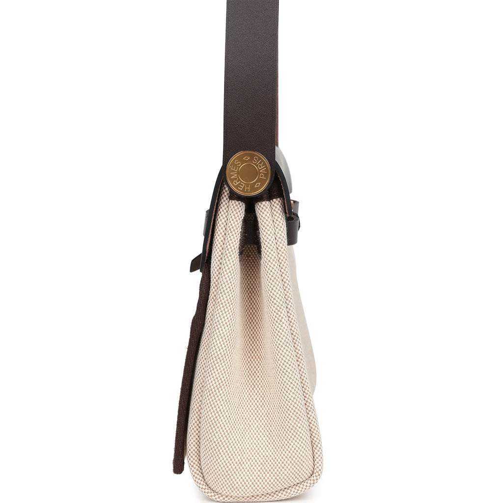 Hermes Herbag Zip 20 Mini Ecru and Beige Toile H Canvas and Ebene Vache Hunter Gold Hardware - Image 4