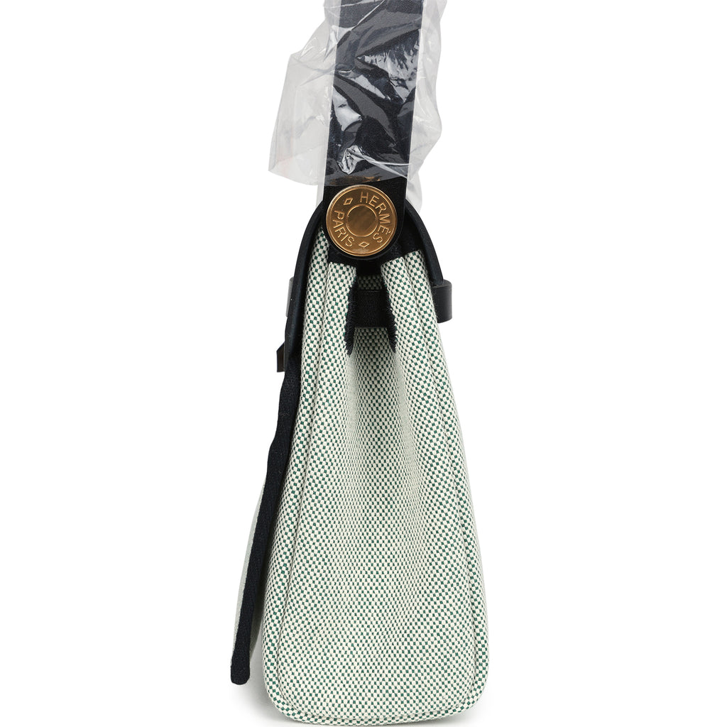 Hermes Herbag Zip 20 Mini Ecru and Vert Moyen Toile H Canvas and Black Vache Hunter Gold Hardware - Image 4