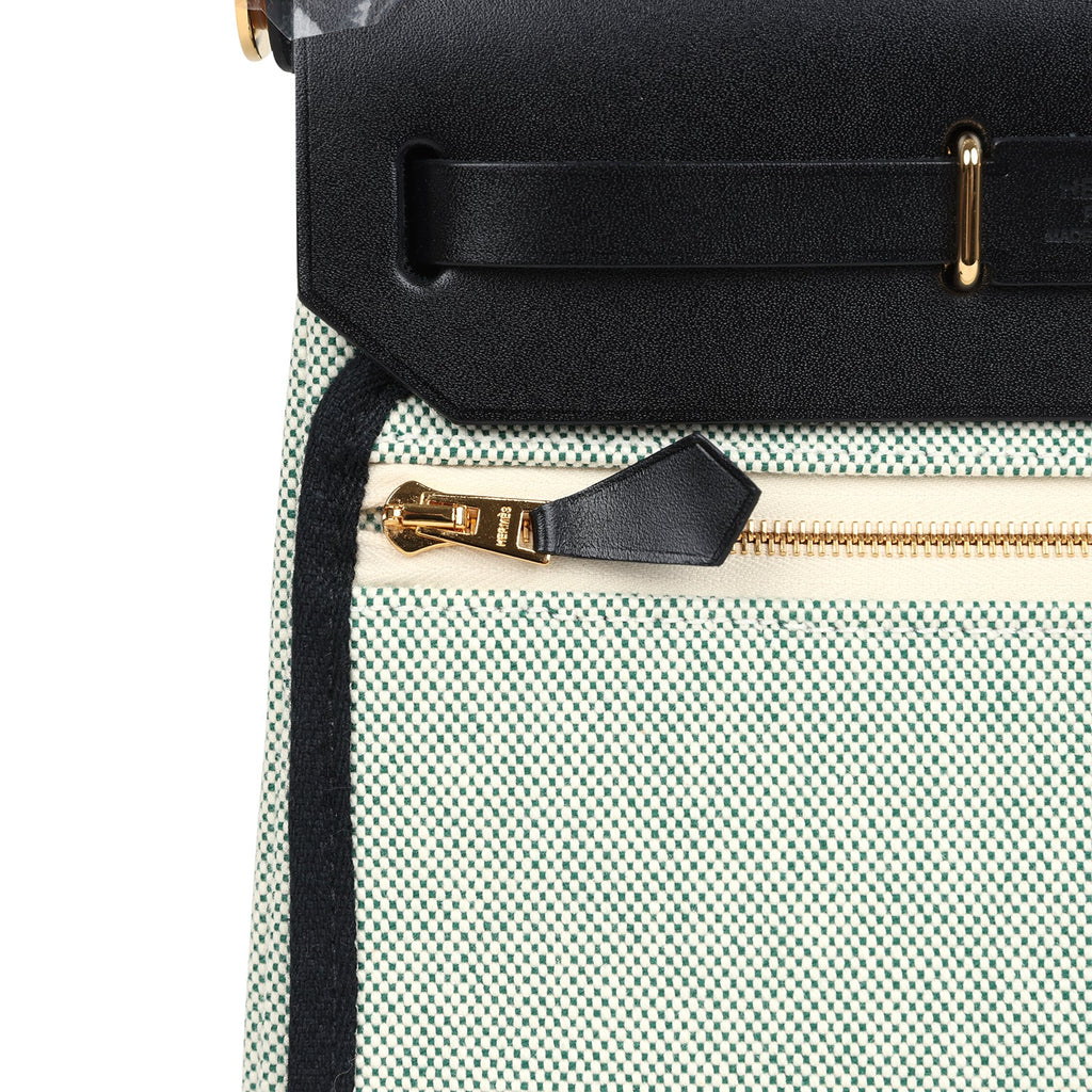 Hermes Herbag Zip 20 Mini Ecru and Vert Moyen Toile H Canvas and Black Vache Hunter Gold Hardware - Image 10