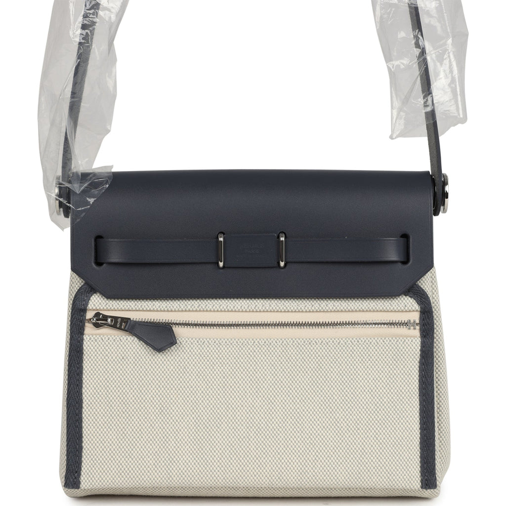 Hermes Herbag Zip 20 Mini Ecru and Bleu Glacier Toile H Canvas and Ardoise Vache Hunter Palladium Hardware - Image 5