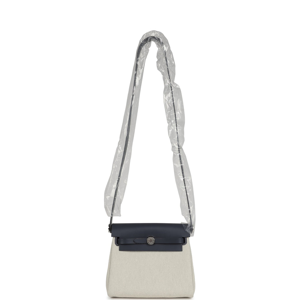 Hermes Herbag Zip 20 Mini Ecru and Bleu Glacier Toile H Canvas and Ardoise Vache Hunter Palladium Hardware - Image 10