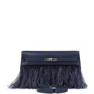 Hermes Kelly Elan Foile Bleu Saphir Chevre Chamkila and Ostrich Feathers Palladium Hardware