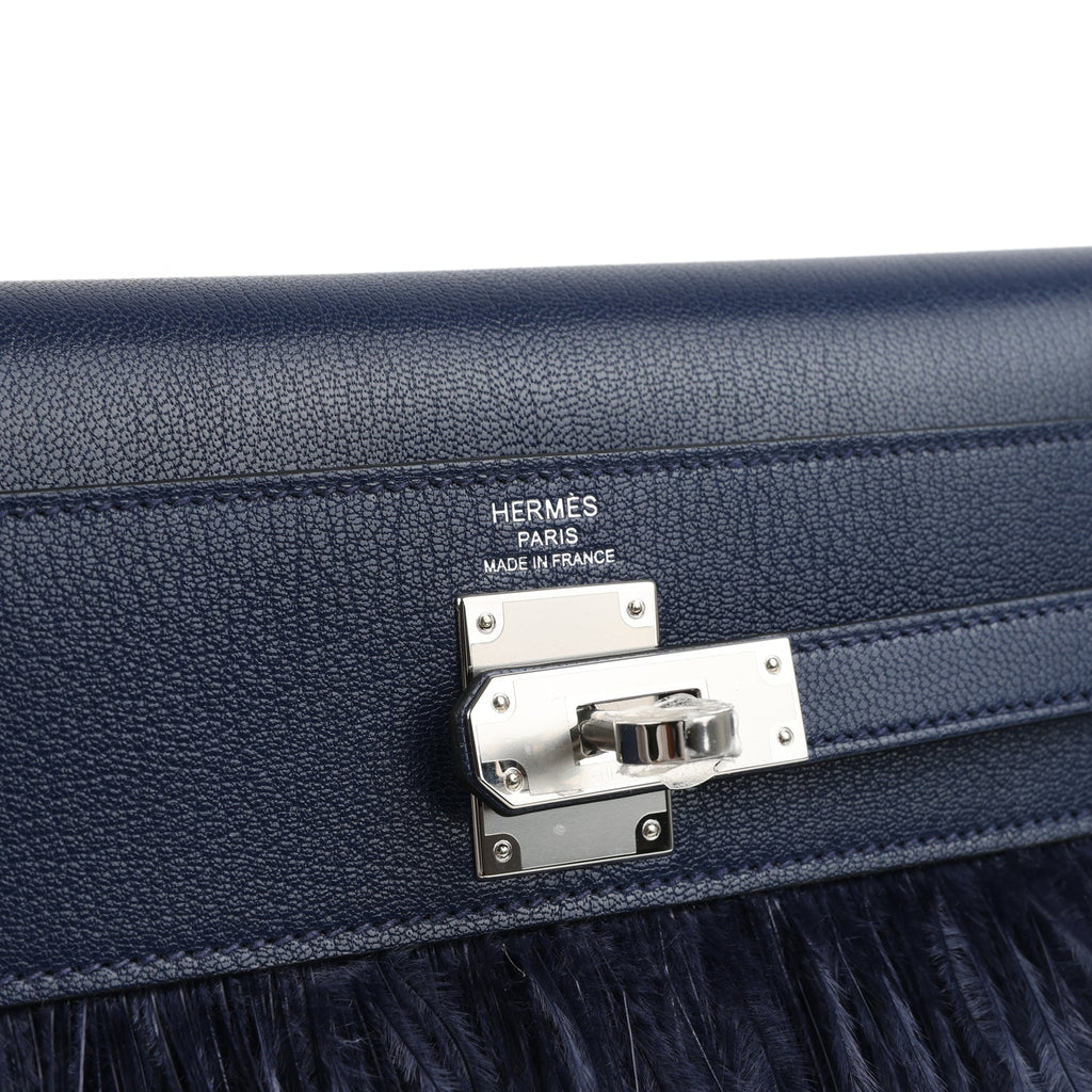Hermes Kelly Elan Foile Bleu Saphir Chevre Chamkila and Ostrich Feathers Palladium Hardware - Image 8