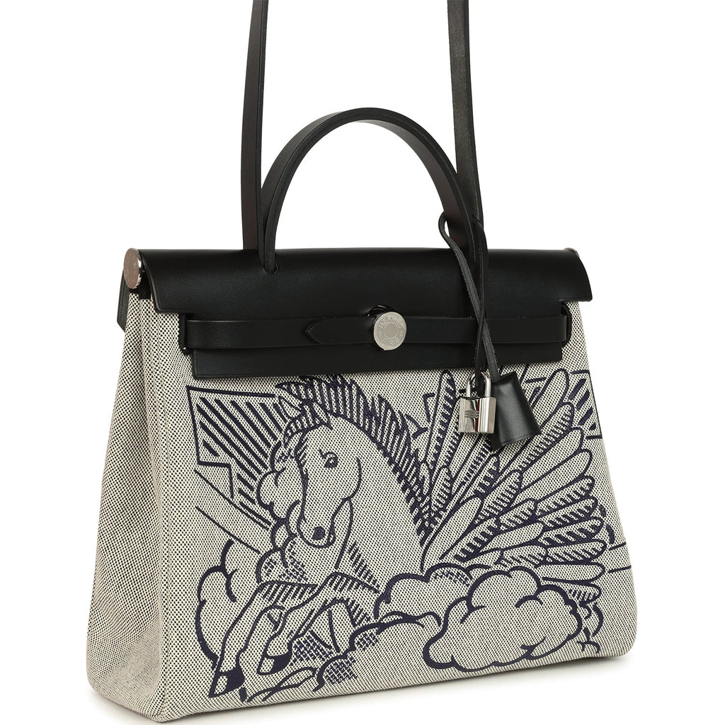 Pre-owned Hermes Herbag Zip Pegase Pop PM 31 Ecru Toile H Canvas and Black Hunter Palladium Hardware - Image 3