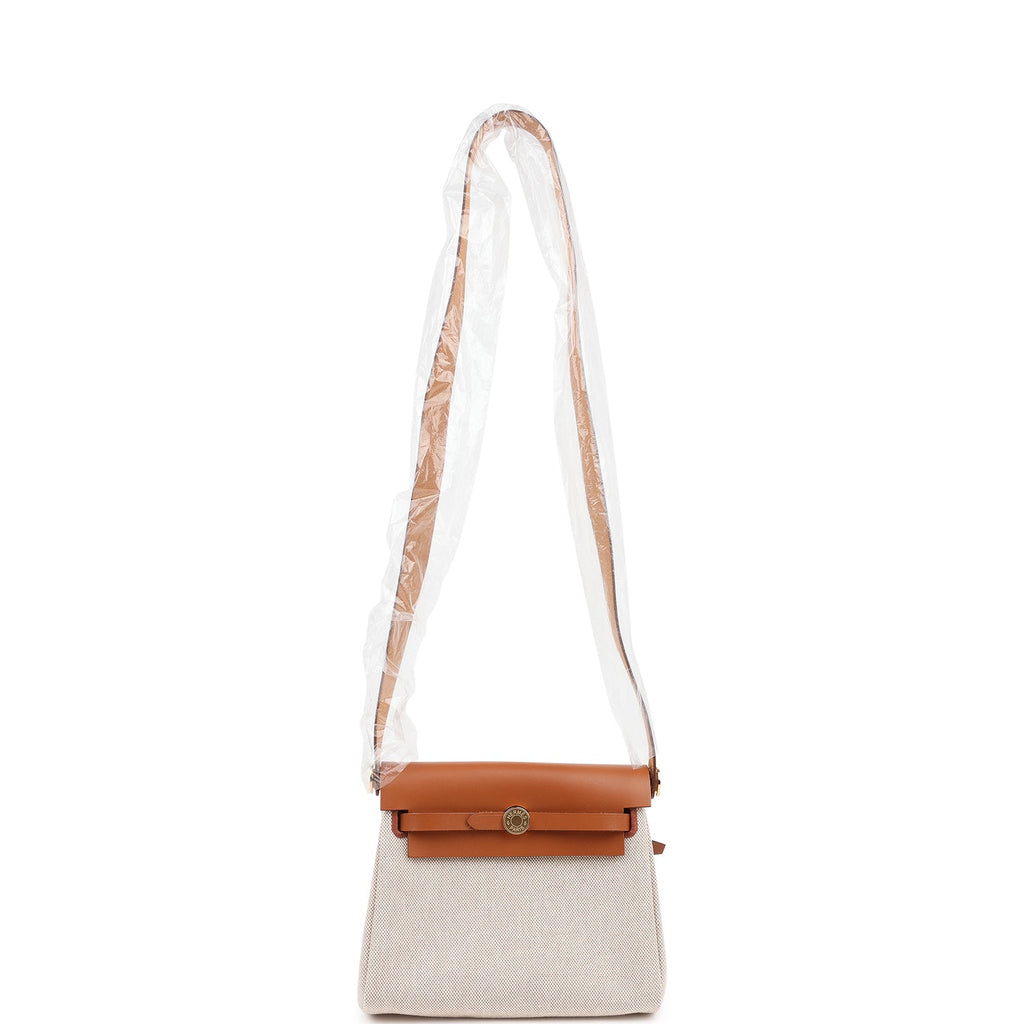 Hermes Herbag Zip 20 Mini Ecru and Beige Toile H Canvas and Fauve Vache Hunter Gold Hardware - Image 7