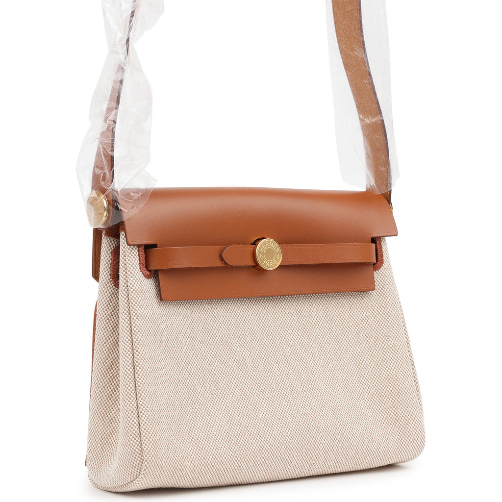 Hermes Herbag Zip 20 Mini Ecru and Beige Toile H Canvas and Fauve Vache Hunter Gold Hardware - Image 3