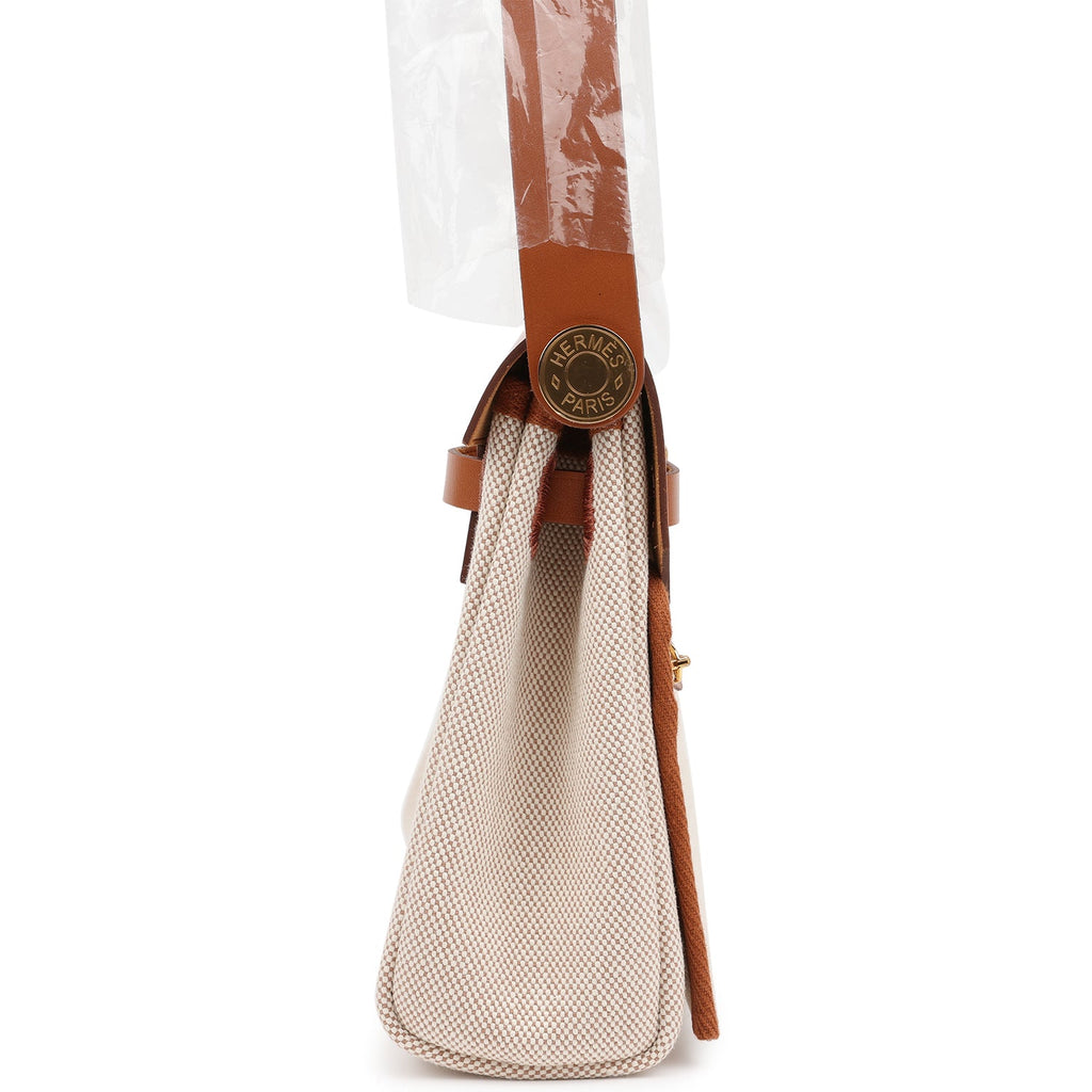 Hermes Herbag Zip 20 Mini Ecru and Beige Toile H Canvas and Fauve Vache Hunter Gold Hardware - Image 4