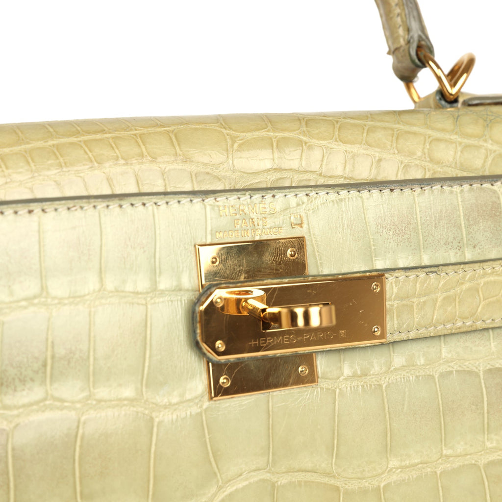 Vintage Hermes Kelly Sellier 28 Vert Celadon Natura Shiny Alligator Gold Hardware - Image 8
