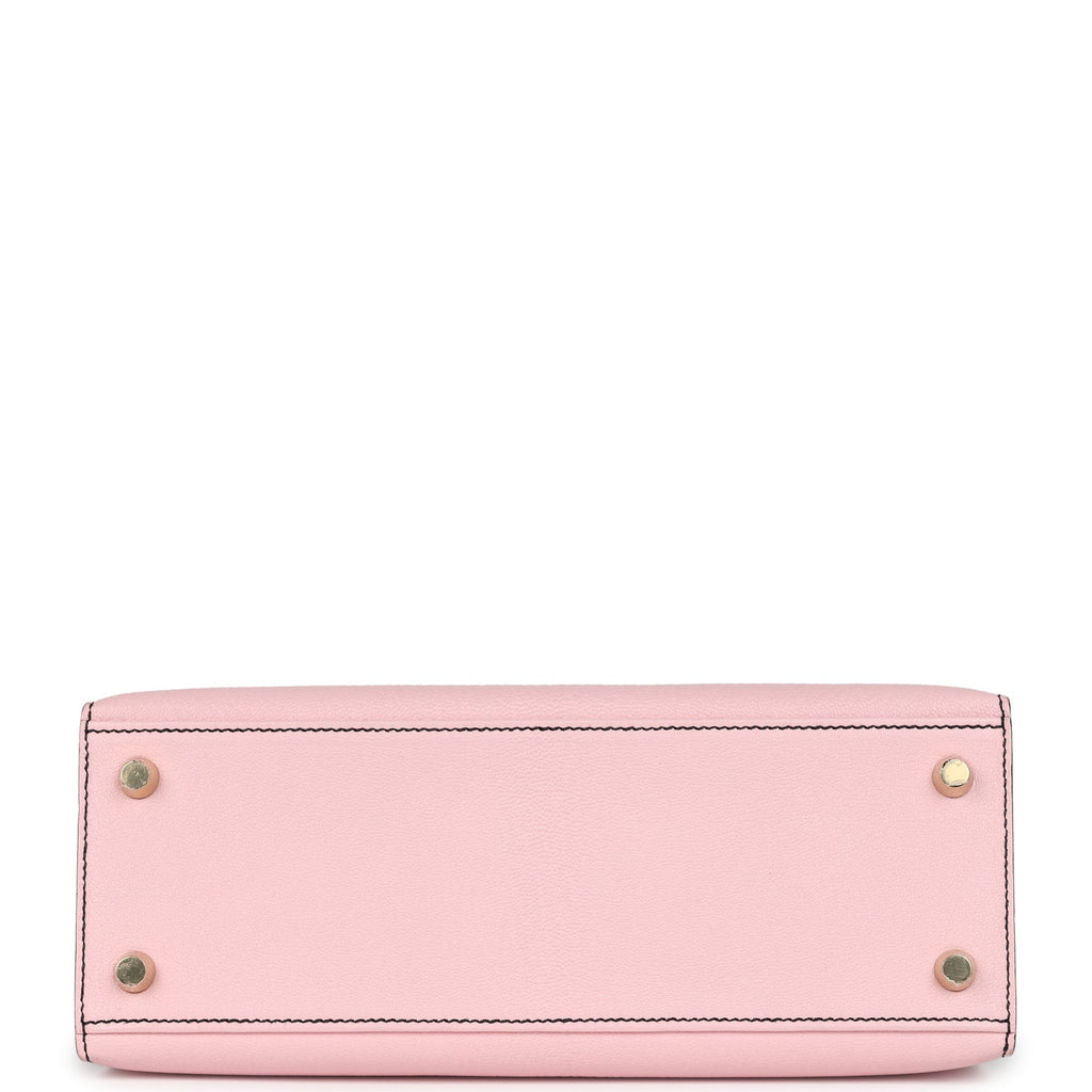 Hermes Special Order (HSS) Kelly Sellier 25 Rose Sakura and Black Chevre Mysore Brushed Gold Hardware - Image 7