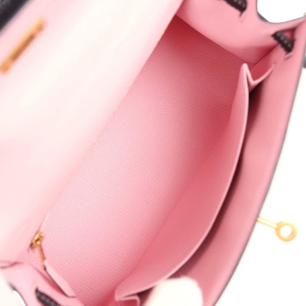 Hermes Special Order (HSS) Kelly Sellier 25 Rose Sakura and Black Chevre Mysore Brushed Gold Hardware - Image 9