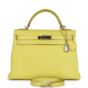 Pre-owned Hermes Kelly Retourne 32 Lime Candy Epsom Palladium Hardware