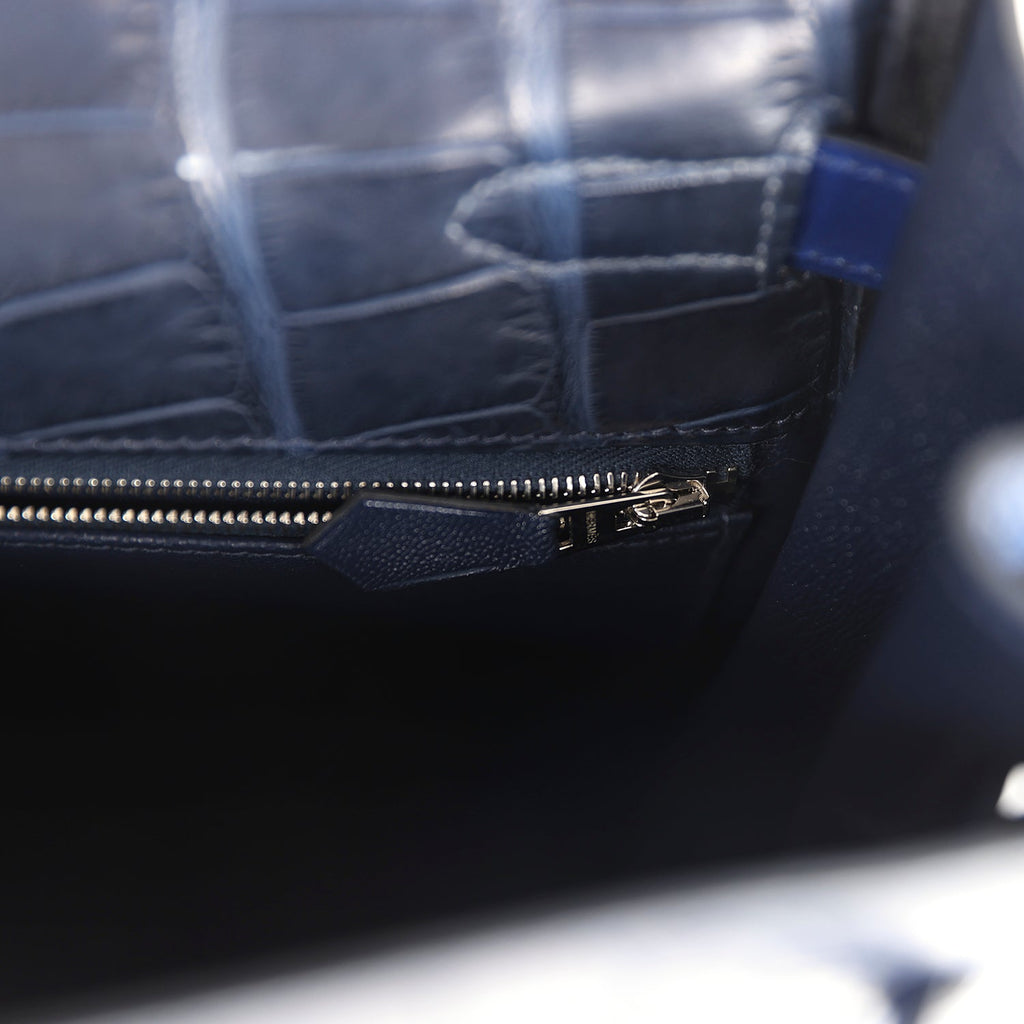 Pre-owned Hermes Kelly Retourne 35 Bleu Indigo Matte Alligator and Bleu Saphir Swift and Clemence Palladium Hardware - Image 10