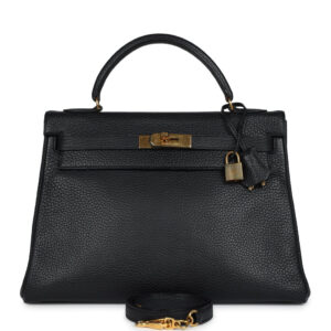 Vintage Hermes Kelly Retourne 32 Black Ardennes Gold Hardware