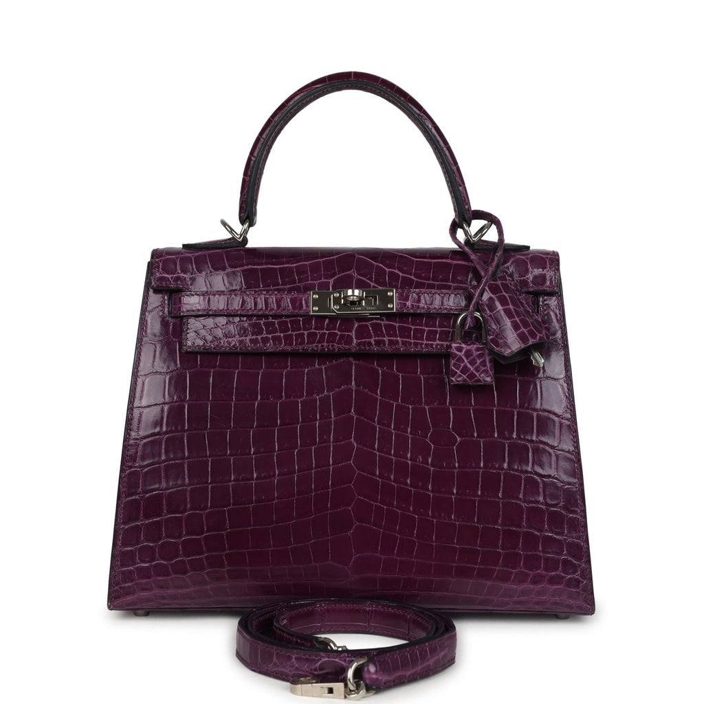 Pre-owned Hermes Kelly Sellier 25 Amethyst Shiny Niloticus Crocodile Palladium Hardware