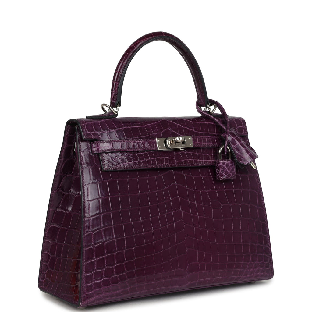 Pre-owned Hermes Kelly Sellier 25 Amethyst Shiny Niloticus Crocodile Palladium Hardware - Image 3