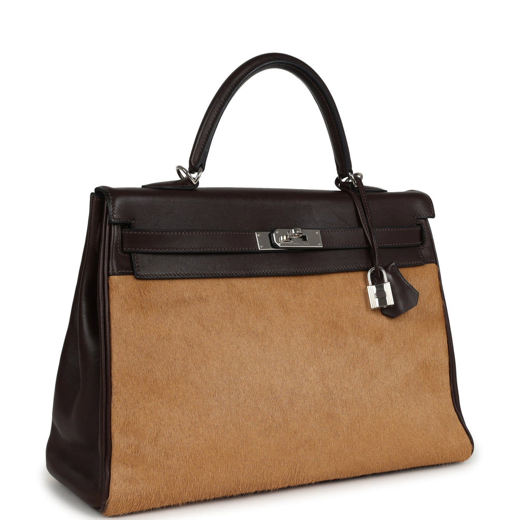 Vintage Hermes Kelly Retourne 35 Ebene Evercalf and Blond Troika Palladium Hardware - Image 3