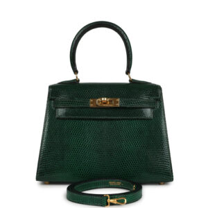Vintage Hermes Kelly Sellier 20 Vert Fonce Varanus Salvator Lizard Gold Hardware