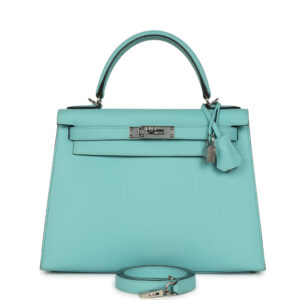 Pre-owned Hermes Kelly Sellier 28 Bleu Atoll Epsom Palladium Hardware