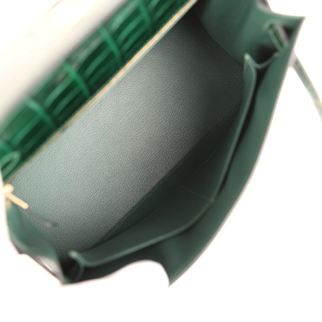 Pre-owned Hermes Kelly Sellier 28 Vert Fonce Shiny Niloticus Crocodile Gold Hardware - Image 9