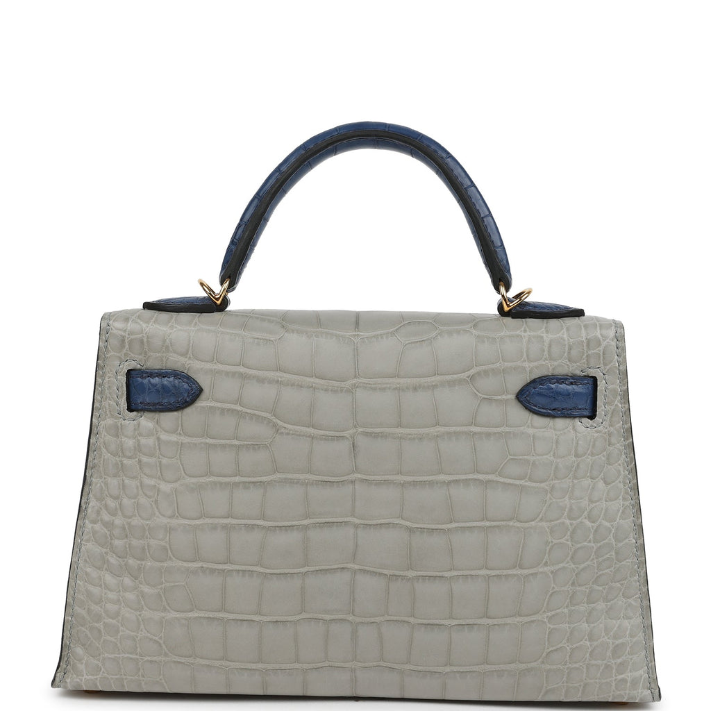 Pre-owned Hermes Special Order (HSS) Kelly Sellier 20 Gris Perle and Bleu de Malte Matte Alligator Gold Hardware - Image 5