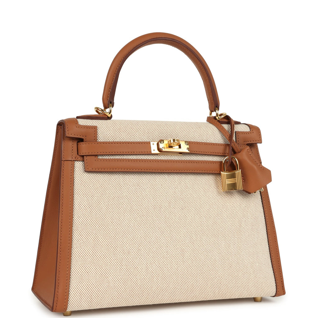 Hermes Kelly Sellier 25 Gold Swift and Ecru & Beige Toile H Canvas Gold Hardware - Image 3
