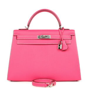 Pre-owned Hermes Candy Kelly Sellier 32 Rose Tyrien Epsom Palladium Hardware