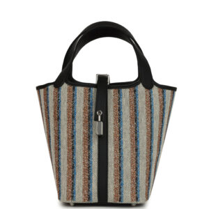Hermes Stripe Picotin Lock 18 Black Swift and Ecru, Bleu, Black and Fauve Toile H Canvas Palladium Hardware
