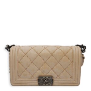 Le Boy Medium Beige Shoulder Bag in Calfskin, Ruthenium hardware