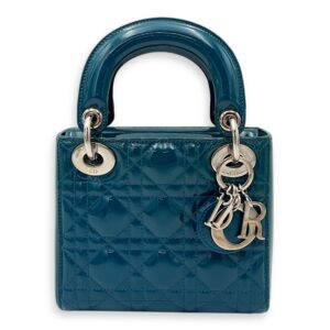 Lady Dior Mini Blue Top Handle Bag in Patent Leather, Silver hardware
