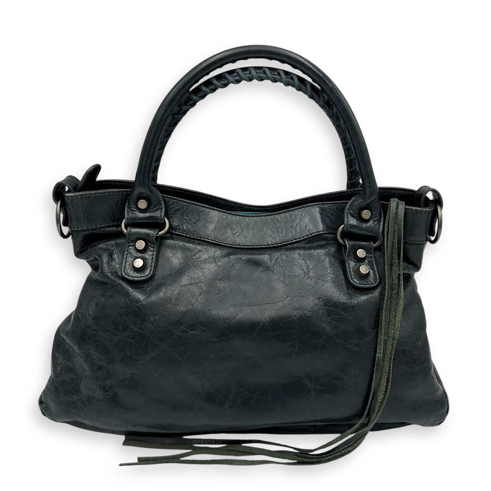 First Green Top Handle Bag in Calfskin, Silver hardware - Image 3