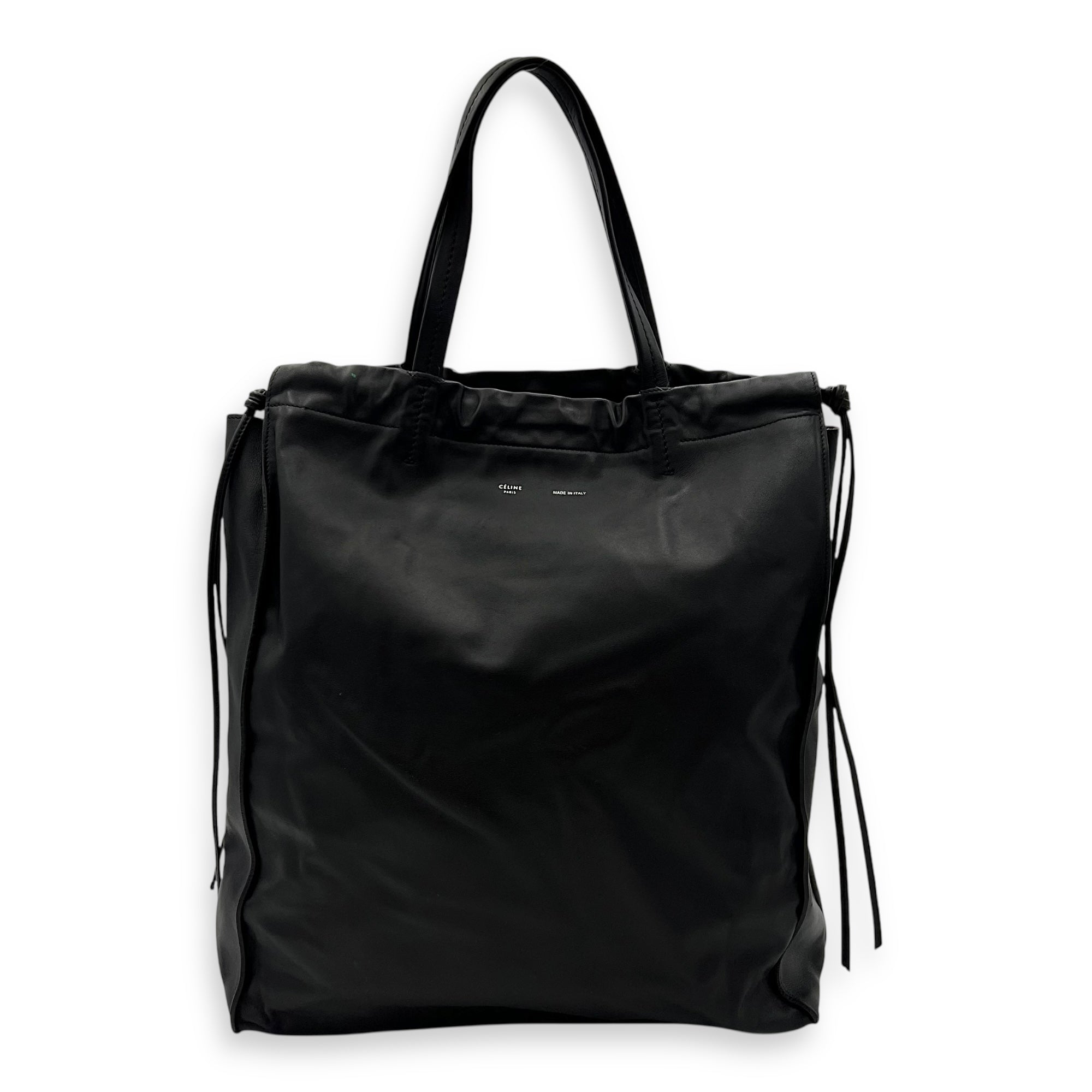 Drawstring Top Handle Bag Black in Calfskin, Silver hardware