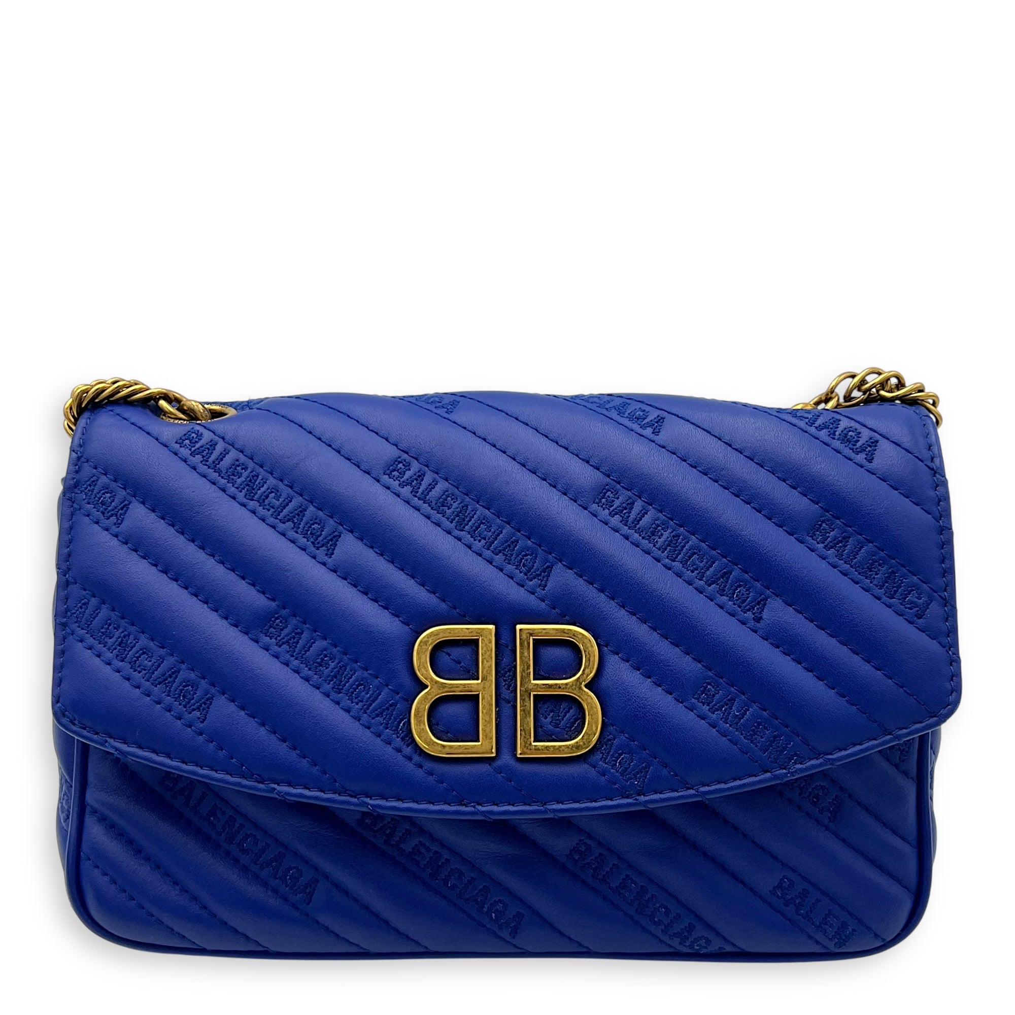 Logo Blue Crossbody Bag in Calfskin, Gold hardware