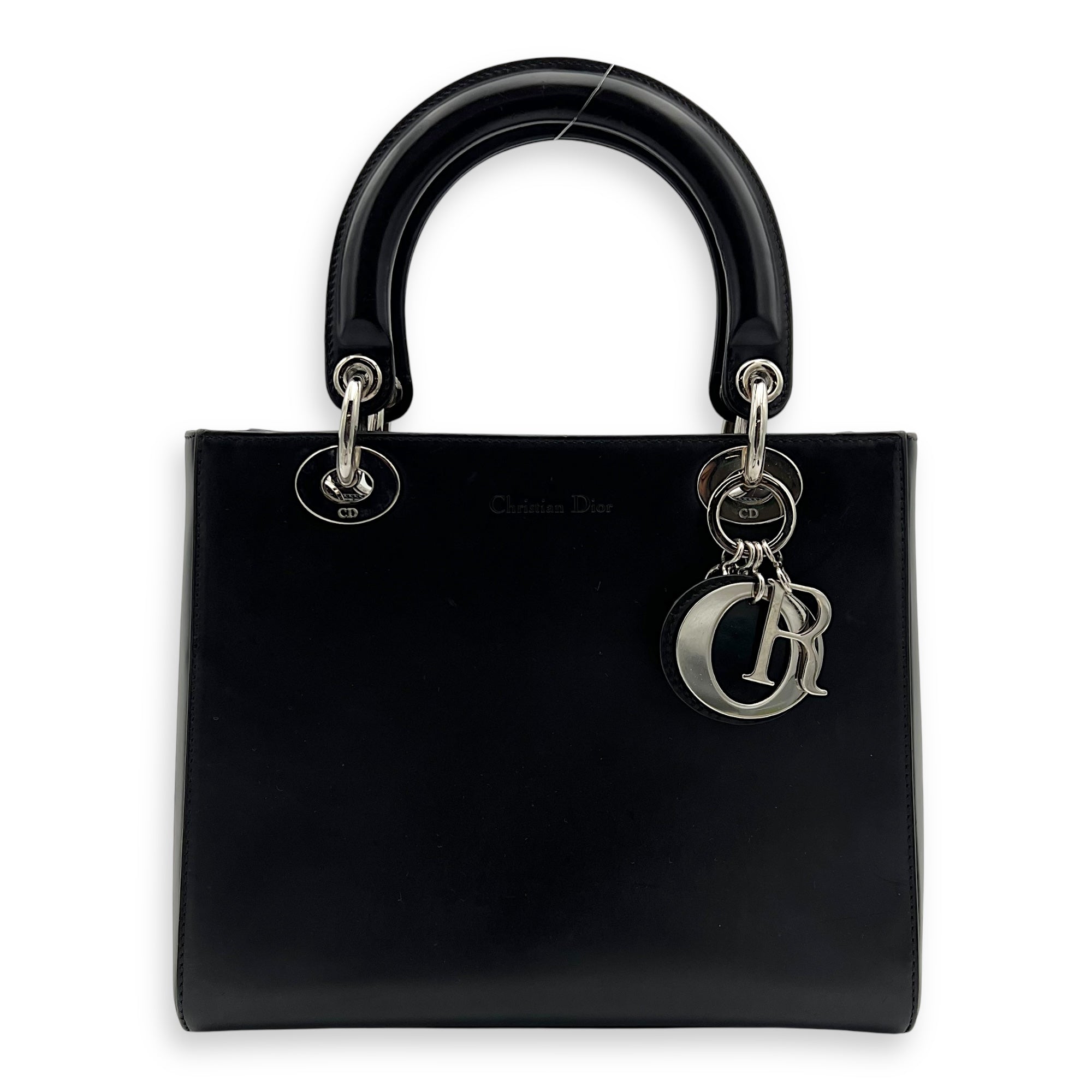 Lady Dior Medium Black Top Handle Bag in Calfskin, Silver hardware
