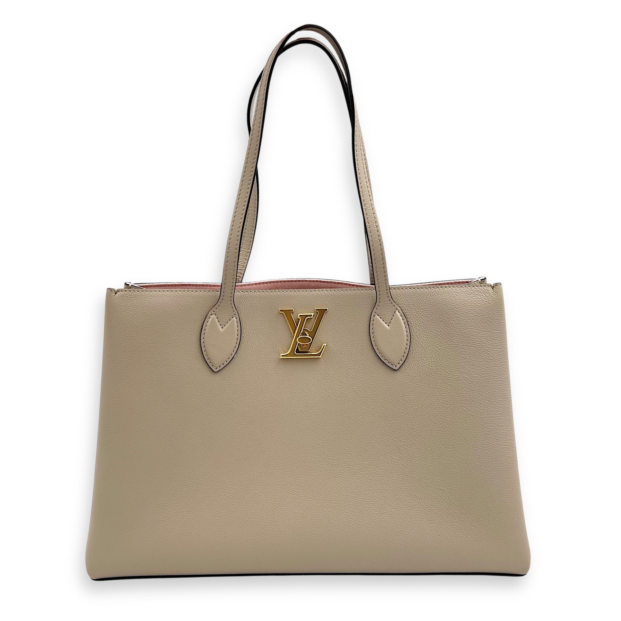 Lock Me Beige Tote Bag in Taurillon Leather, Gold hardware
