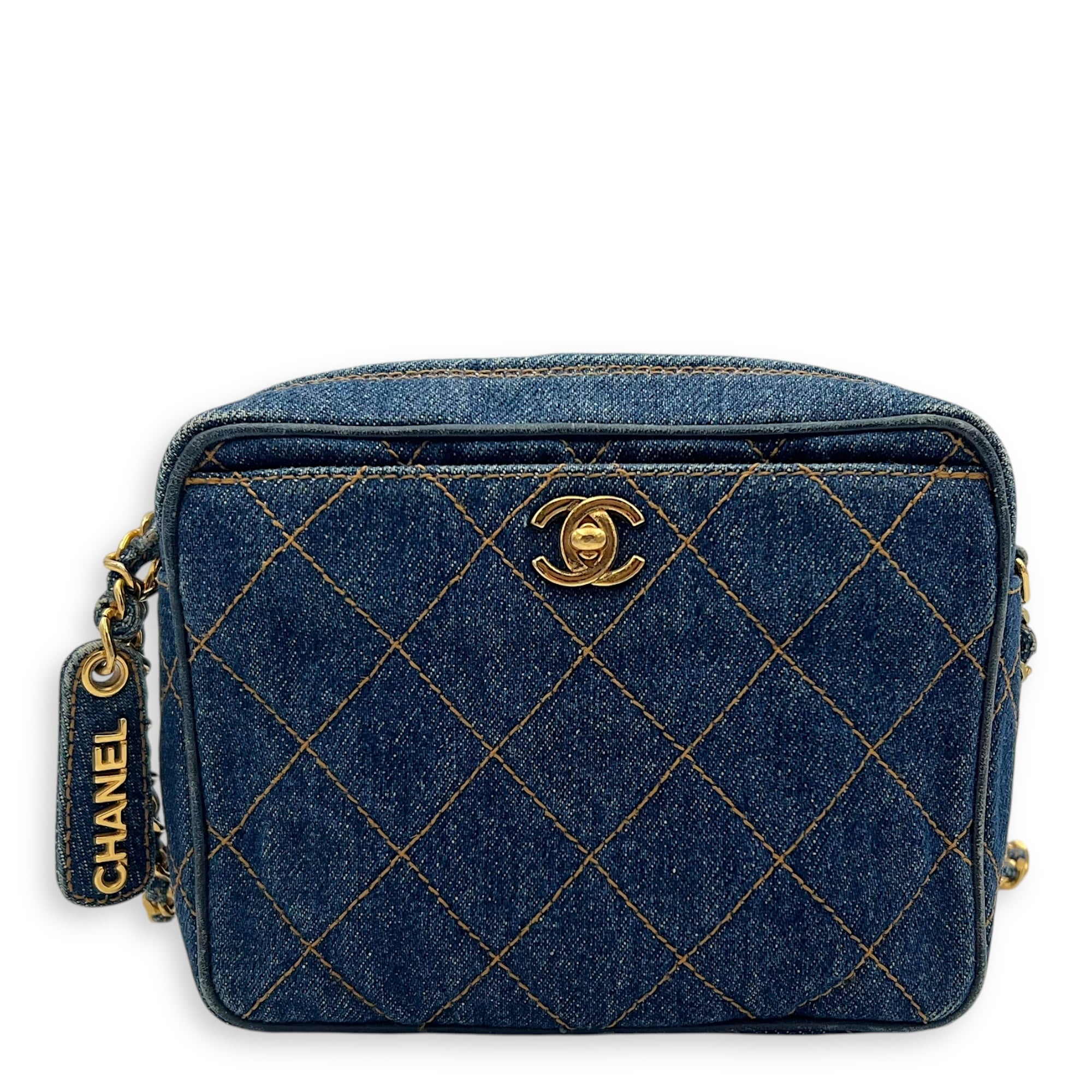 Denim CC Quilted Turnlock Crossbody Bag Blue in Denim, Gold hardware