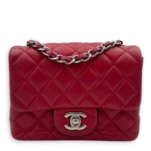 CC Mini Square Shoulder Bag Red in Caviar Leather, Silver hardware