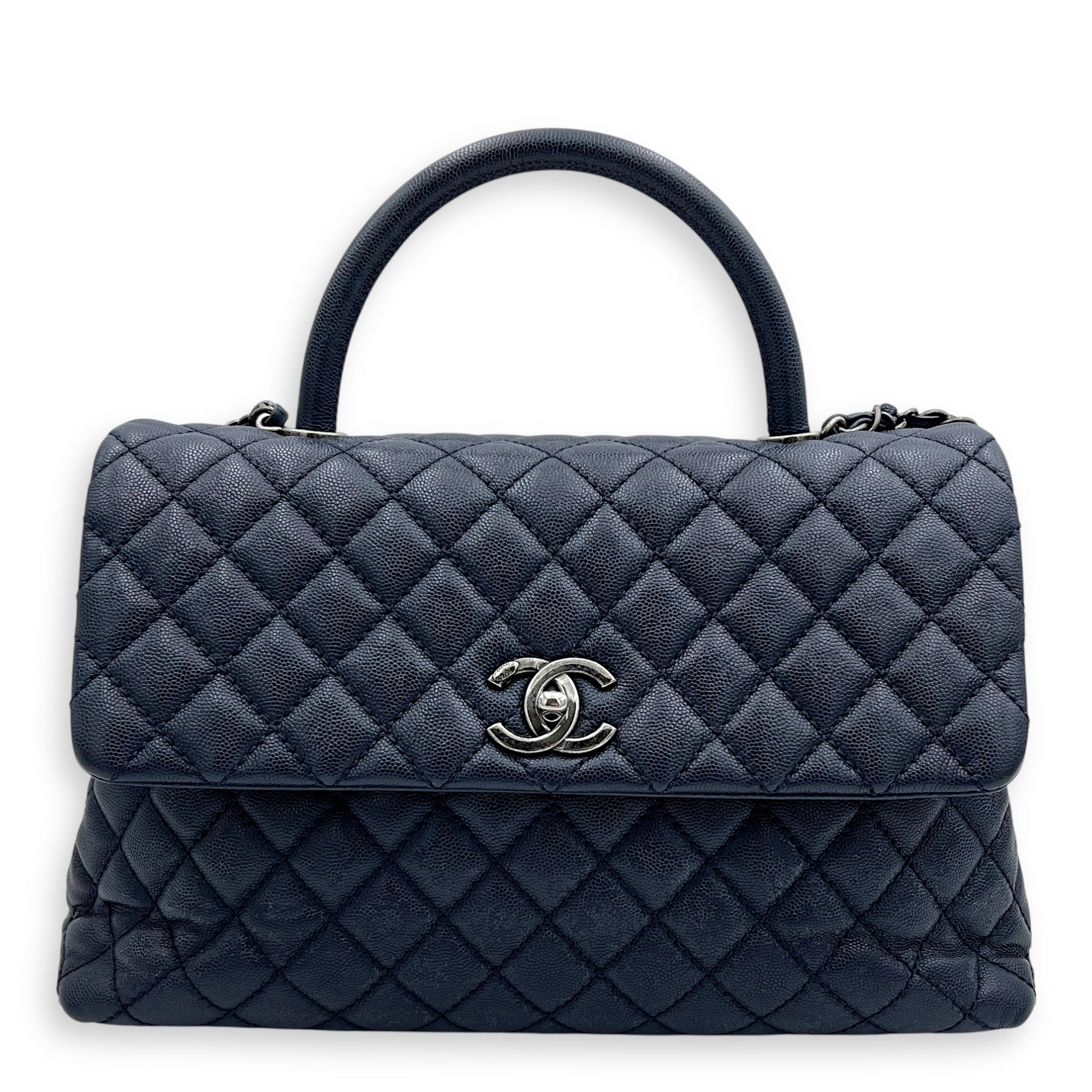Coco Handle Quilted Top Handle Bag Blue in Caviar Leather, Silver hardware
