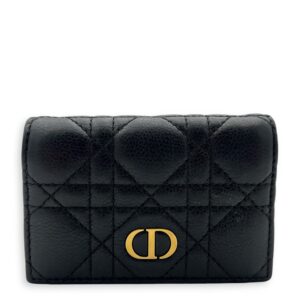 Cannage Card Holder Black in Calfskin, Gold hardware