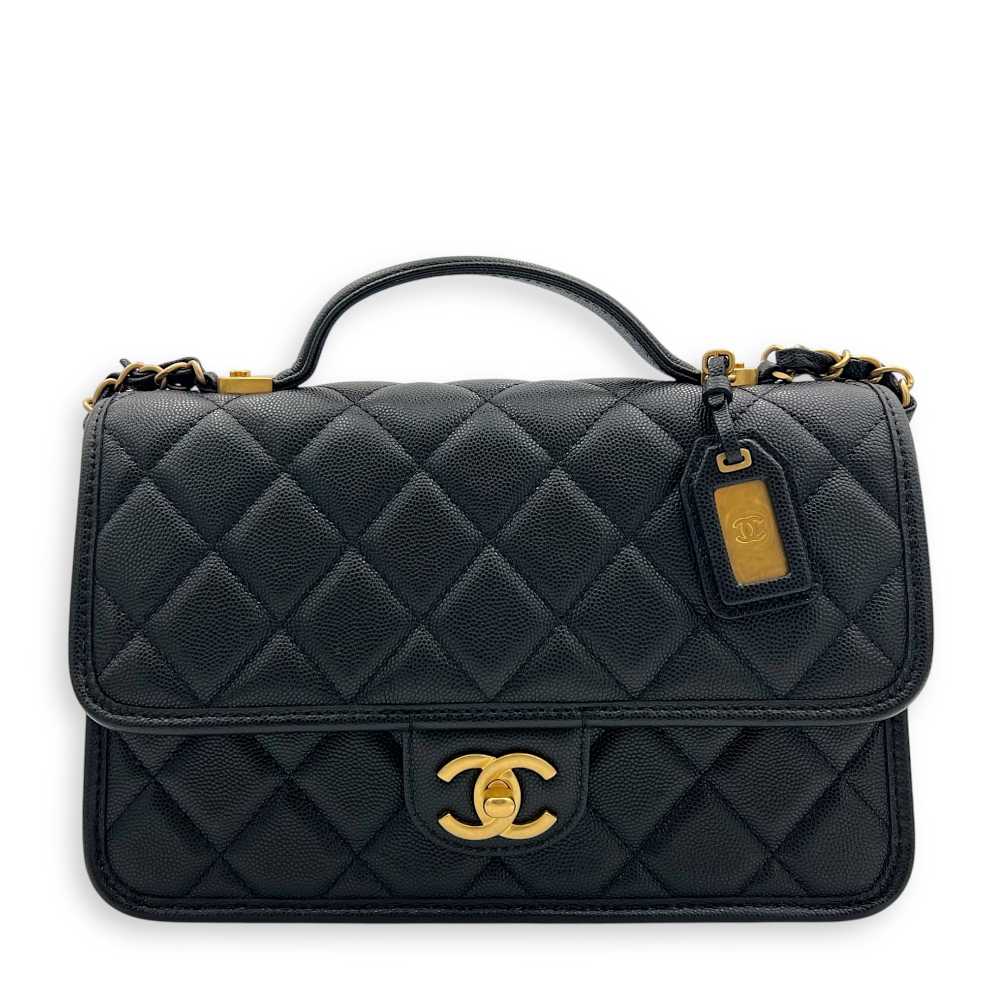 CC Quilted Top Handle Bag Black in Calfskin, Gold hardware