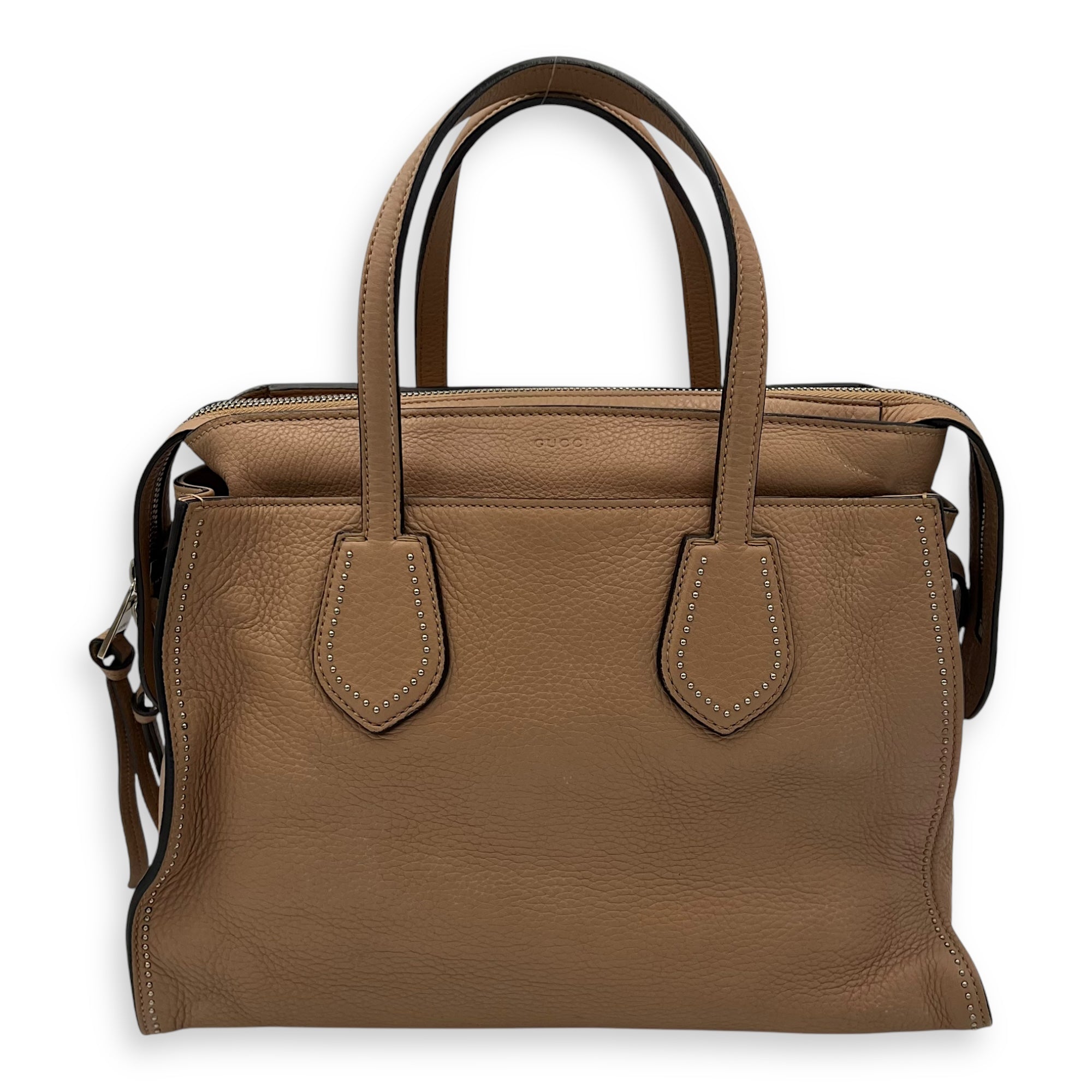 Studded 2 Way Brown Top Handle Bag in Calfskin, Gold hardware